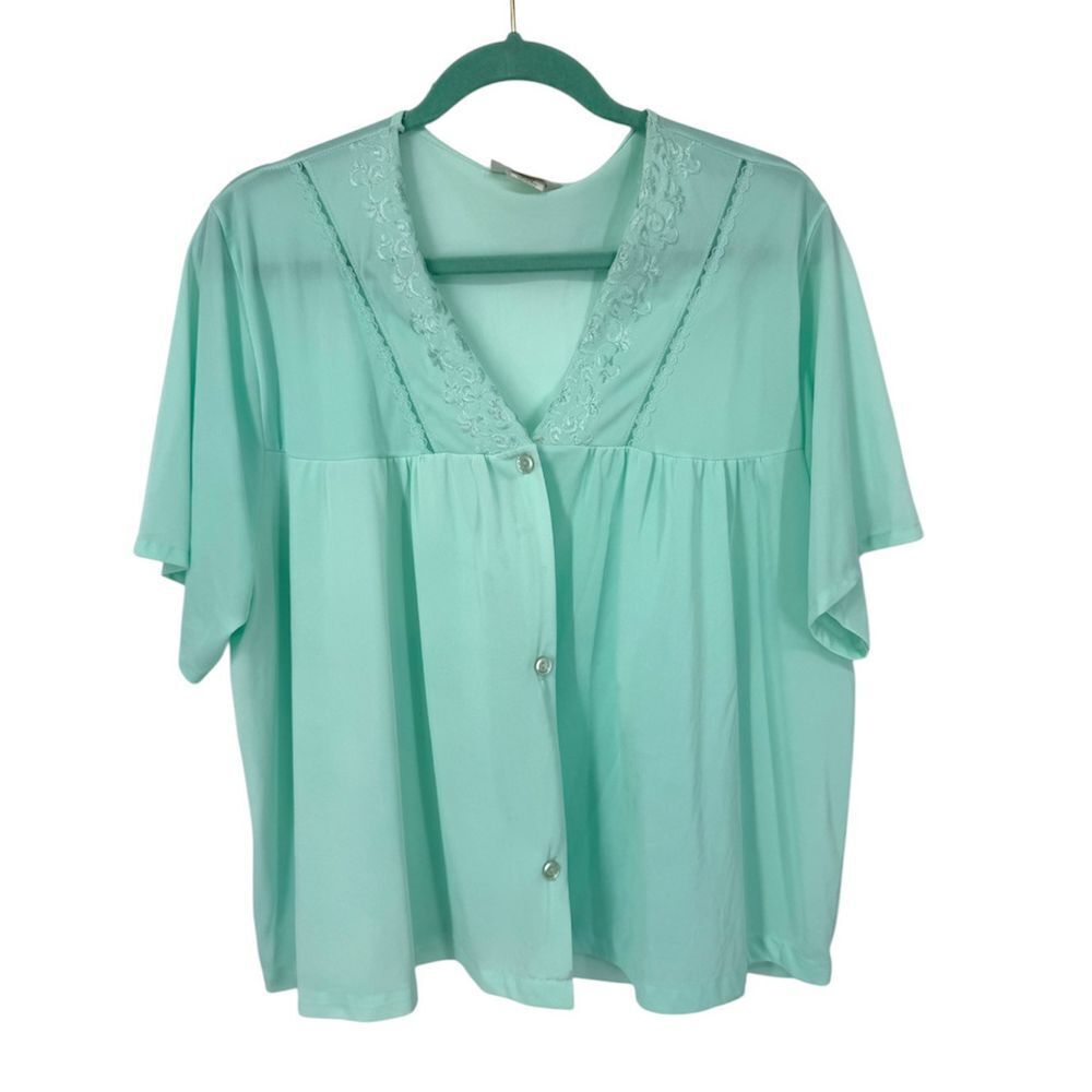 Vintage Dainty Nylon Lace Bed Blouse Top Button Closure Embroidered USA 2XL